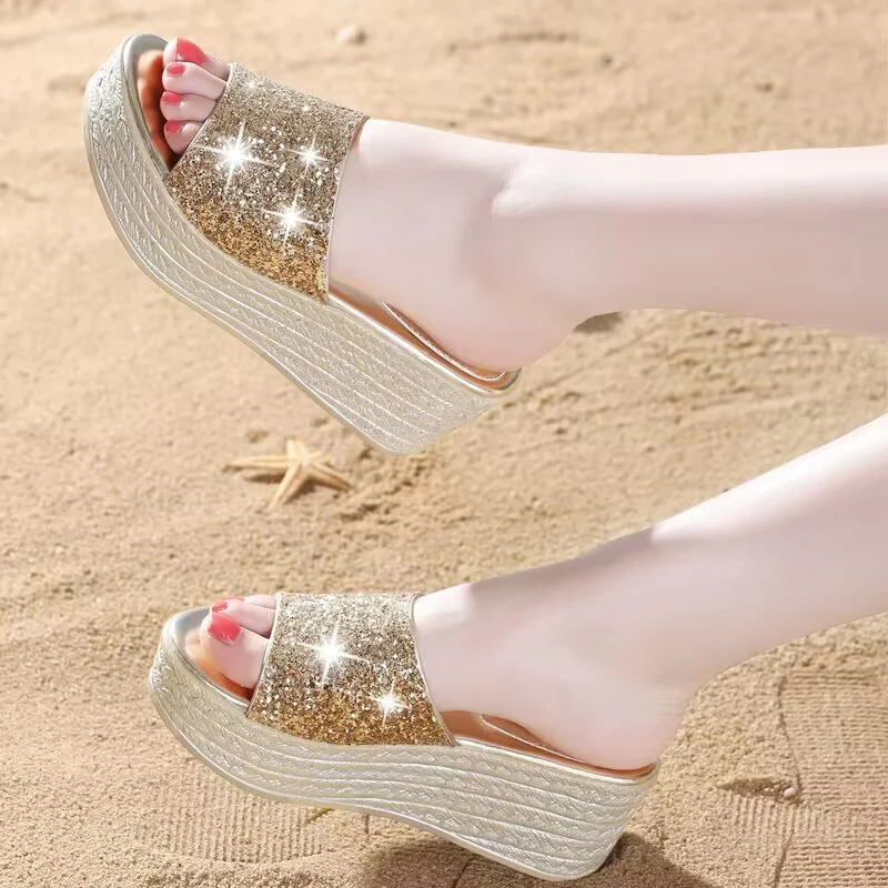 Lucyever Gold Silver Sequins Wedges Slippers for Women 2023 Summer Open Toe Platform Sandals Woman High Heels Slides Ladies 40