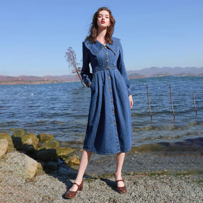 2023 Spring Autumn Women's New Korean Commuter Doll Collar French Vintage Long Dark Blue Baby Dress Female