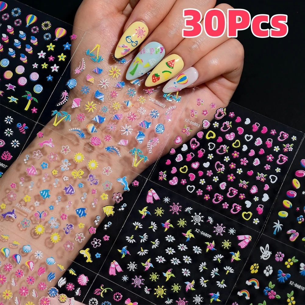 30 Stück 3D Bunte Ozean Thema Nail art Aufkleber 5,2*6,2 cm Kokospalme Muschel Delphin Obst Nagel Aufkleber DIY Nägel Dekorationen