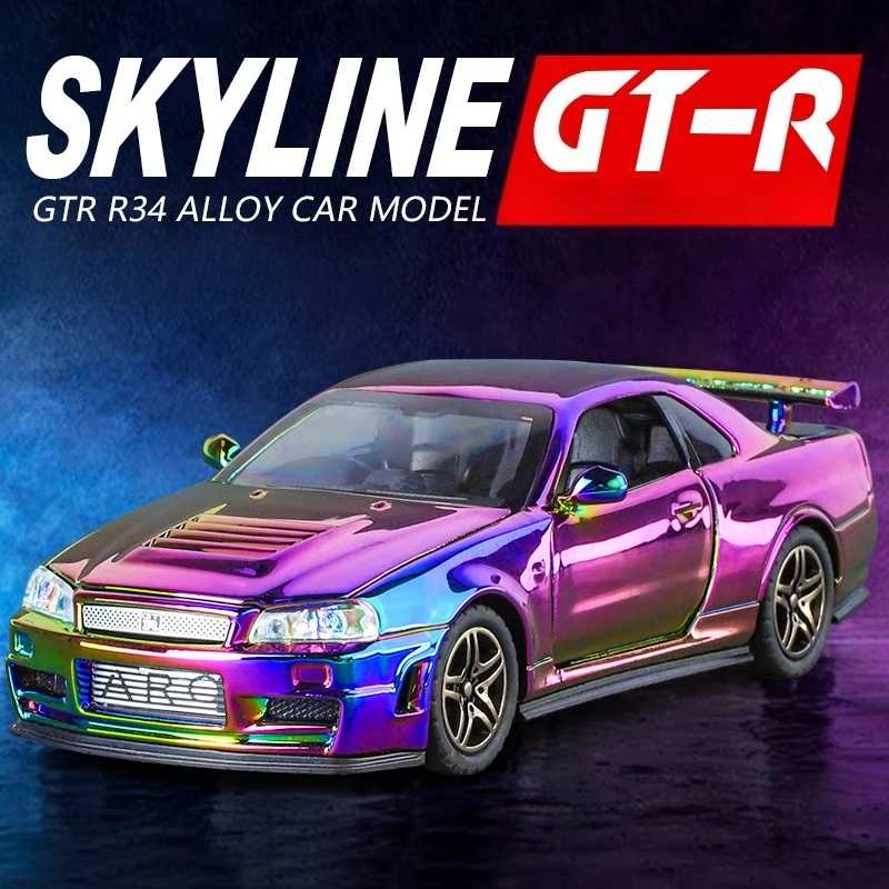 

Моделирование 1:32 Nissan GT-R R34 Спортивный автомобиль Литой под давлением JDM Skyline Миниатюрный Voiture Игрушечный автомобиль для мальчиков Подарок Игрушечный автомобиль из сплава Домашний декор