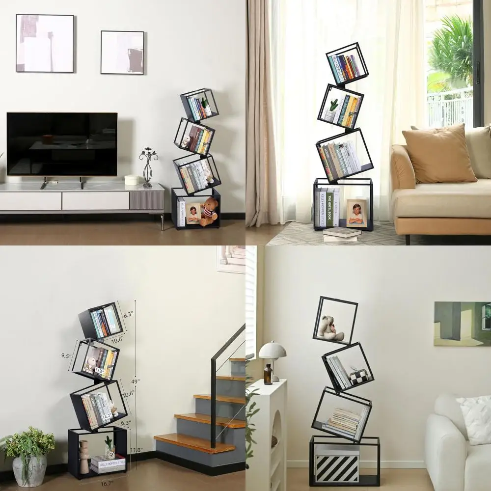 

Современный 4-ярусный геометрический черный книжный стеллаж, высота 124 см, угловой, для хранения и демонстрации CD, книг, домашнего декора