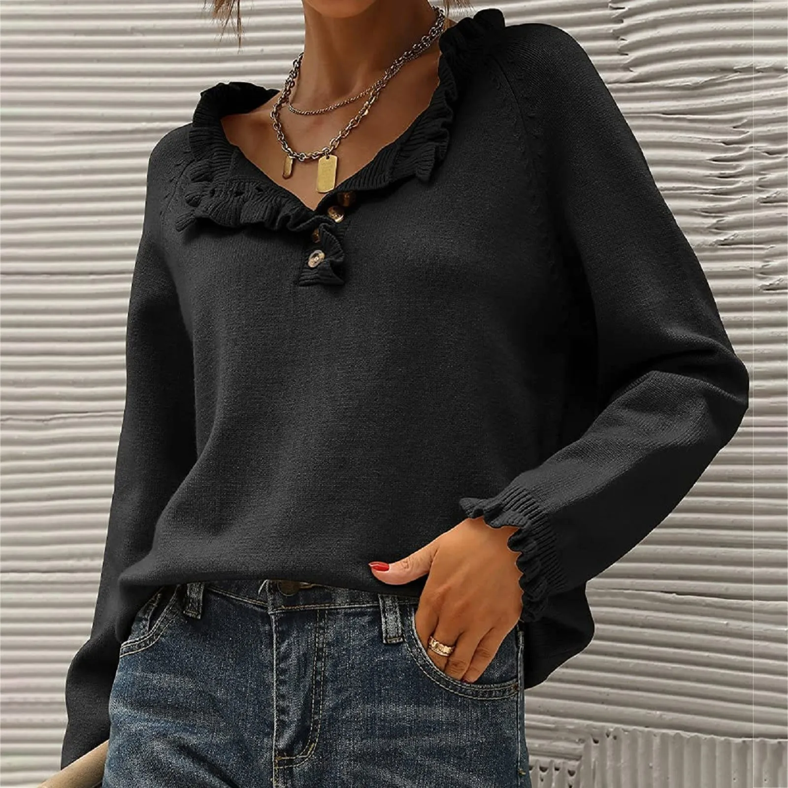 

Autumn And Winter Women's Knitting New Casual Long Sleeve Button Ruffle Pullover Hoodie Sweaters Long Neck Sweater for Men