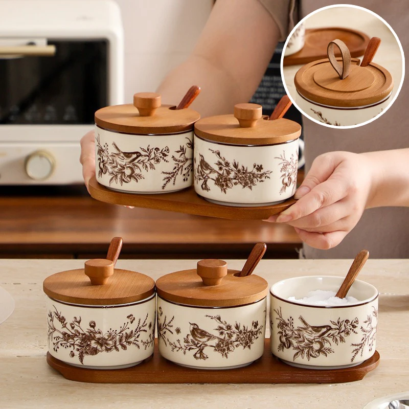 

Ceramic Spice Jar with Wooden Lid Kitchen Seasoning Container Set for Salt Sugar Pepper Storage with Tray Spoon Retro Organizer