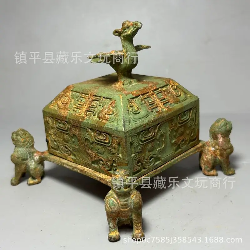 Antique Collection: Green Embossed Bronze Ware from the Warring States Period, Featuring Phoenix, Bird, Tiger, and Beast Motifs,