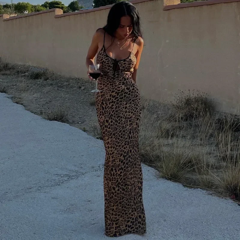 Leopard Print Sexy Bandage Hollow Out Bodycon Party Club Maxi Dress Women Summer Sleeveless Backless Evening Long Dresses Outfit