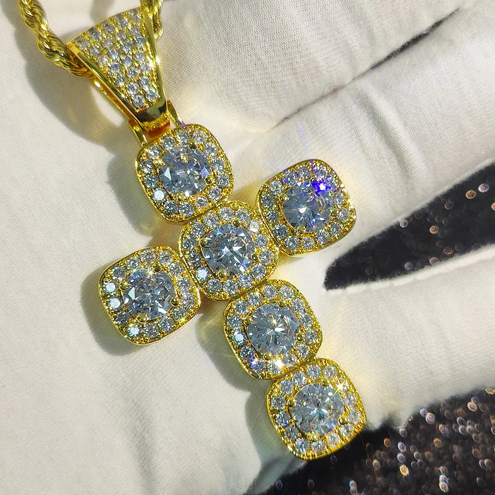 Hot Sale High Quality Oversized Cushion Bling Zircon Cross Pendant  Hip Hop Fancy Large Buckle Necklace For Men Womem