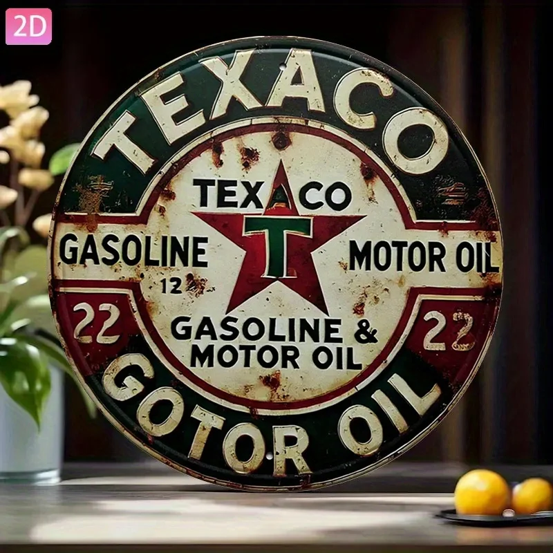 2D Flat - Vintage Texaco Motor Oil Metal Sign in 2D Flat Design - 20.32X30.48 Cm Round Aluminum Wall Art with a Classic Red And view 3