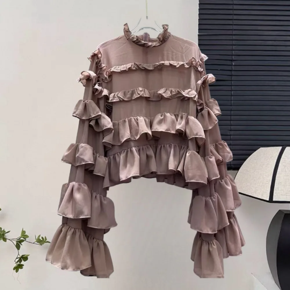 

Autumn long-sleeve sweet chiffon blouse for women, bell sleeves, solid color, ruffle blouse, sweet top women's fashion wholesale