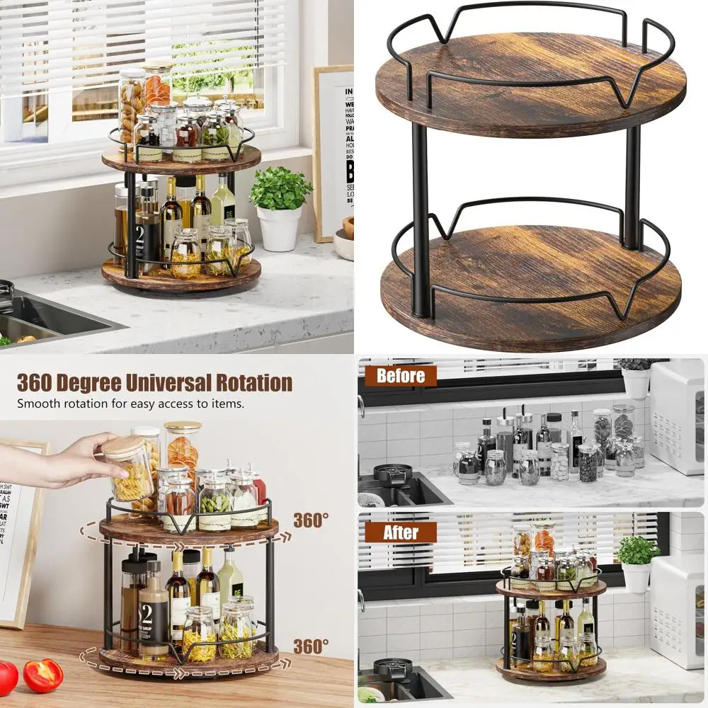 

12-дюймовый двухуровневый деревянный ленивый Сьюзен, кухонный органайзер для специй, коричневый в деревенском стиле, для хранения на столешнице и шкафа