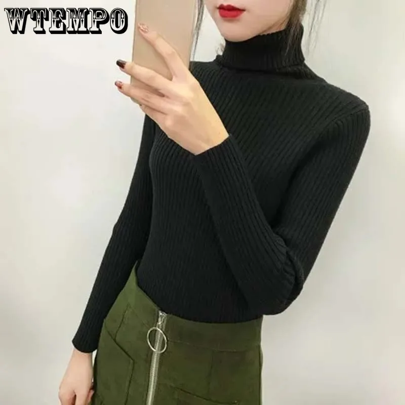 

Turtleneck Slim Sweater Solid Color Simple Casual Women Thin Undershirt Knit Pullover Korean Fashion Long Sleeve Top Fall Winter