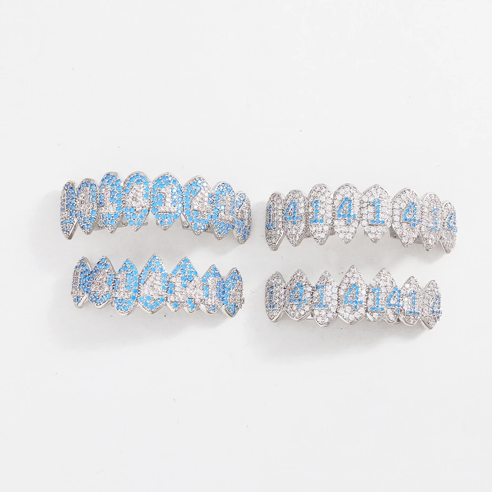 

Hip Hop CZ Teeth Set For Unisex Blue Zircon Top Bottom Mouth Gold Silver 1414 Teeth Cap Removable