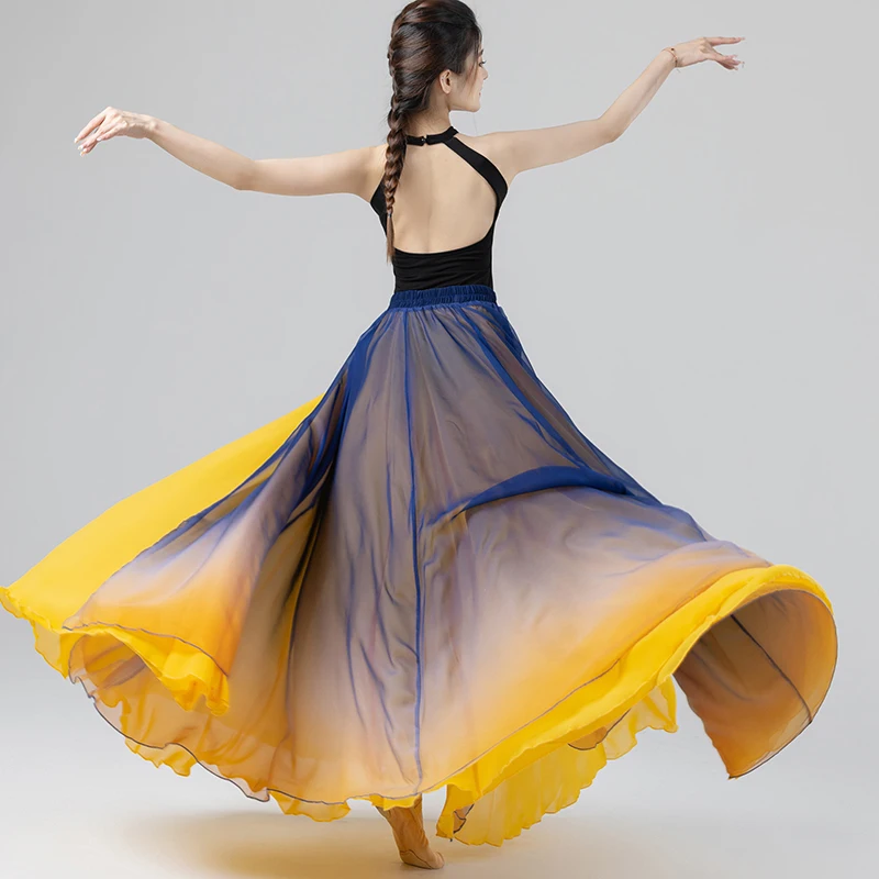 2023 New Double Layer Spanish Flamenco Skirt Chinese National Folk Dancewear Modern Ballroom Practice Clothing for Stage