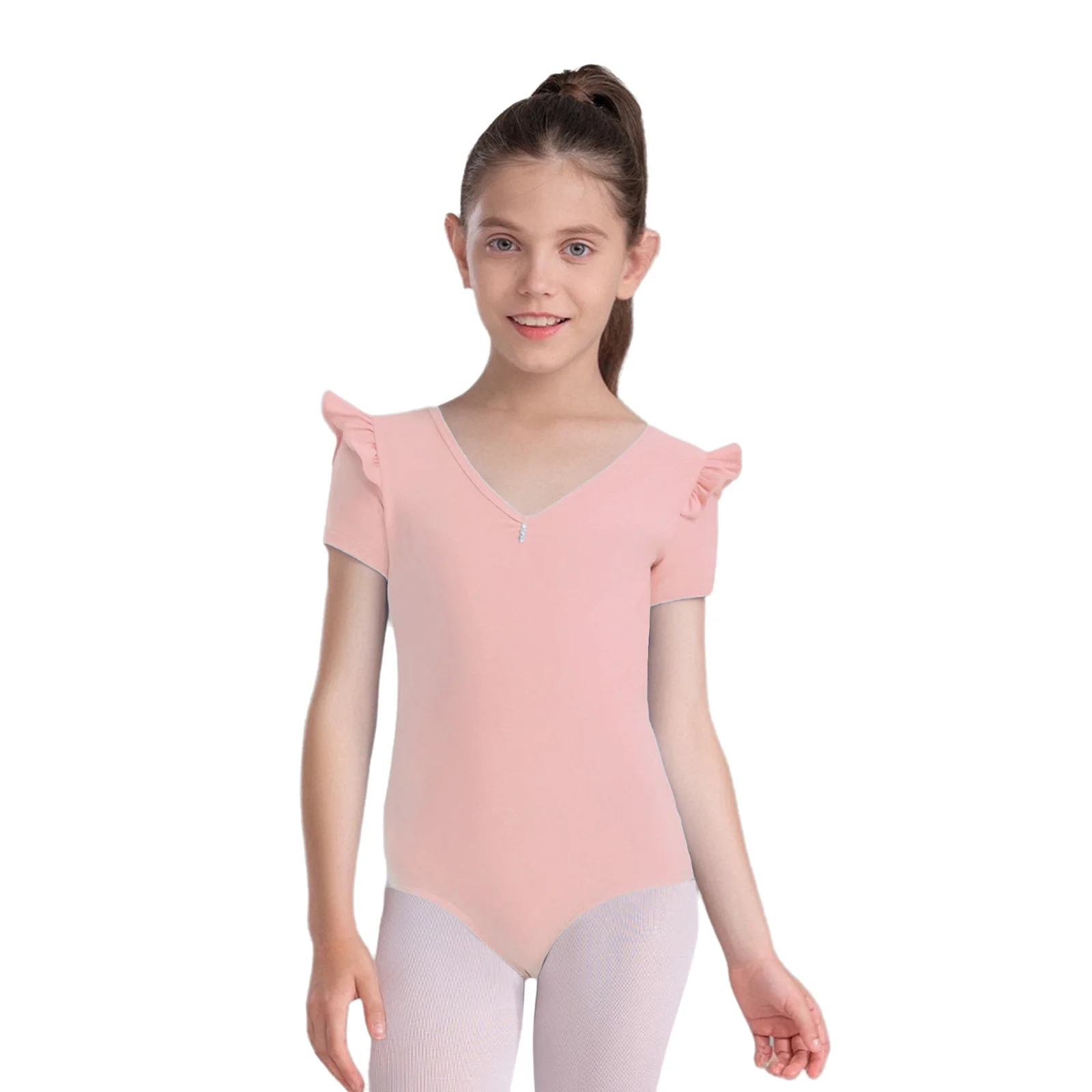 

Girls Cotton Ballet Dance Leotard Kids Cute Ruffle Short Sleeve V-Neck Ruched Soft Bodysuit for Practice Examination Performance