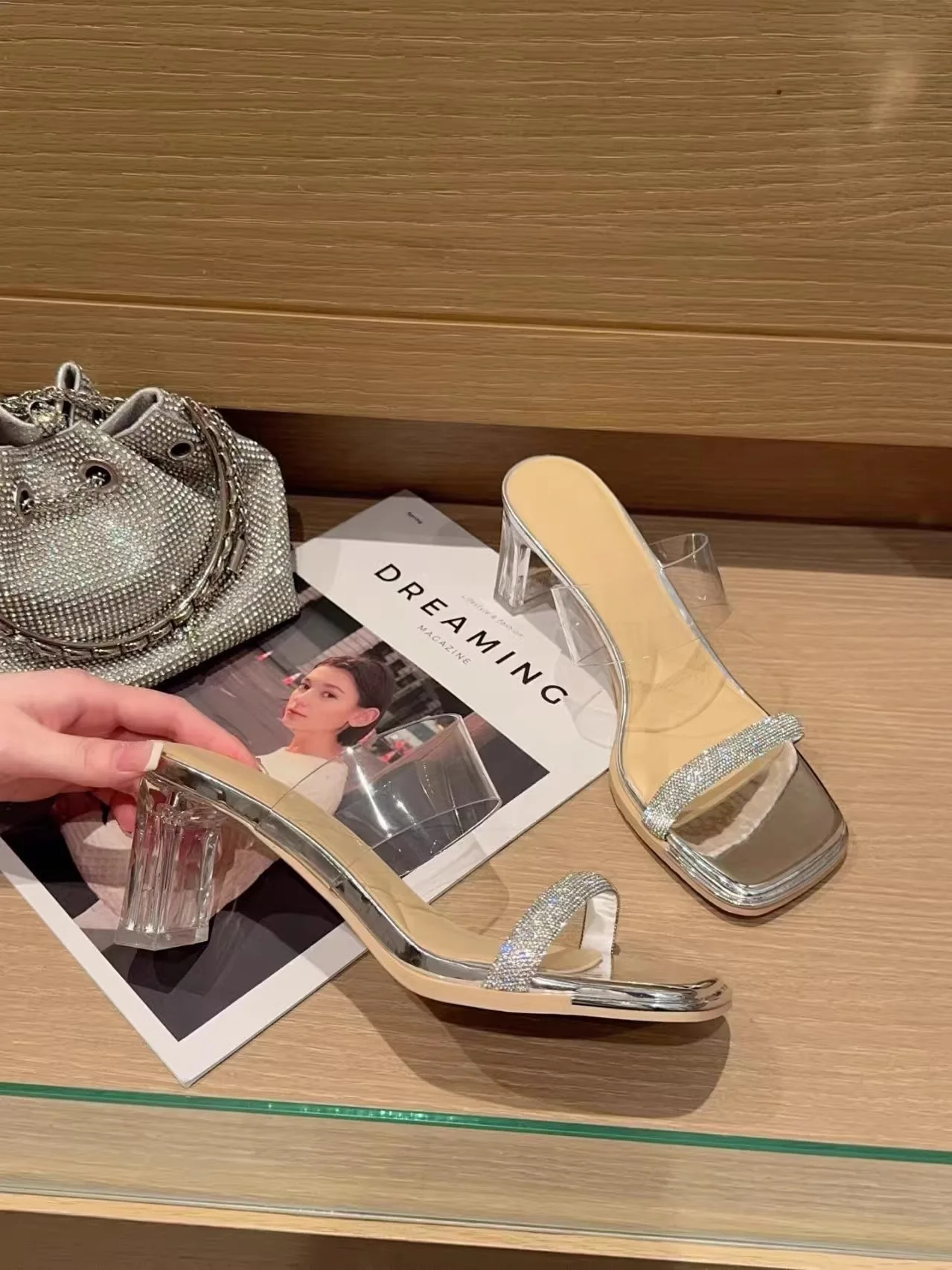 

2025 Spring New Women's Outdoor Slippers Transparent PVC Square Toe Chunky High Heels Rhinestones Decorated Sexy Women Shoes