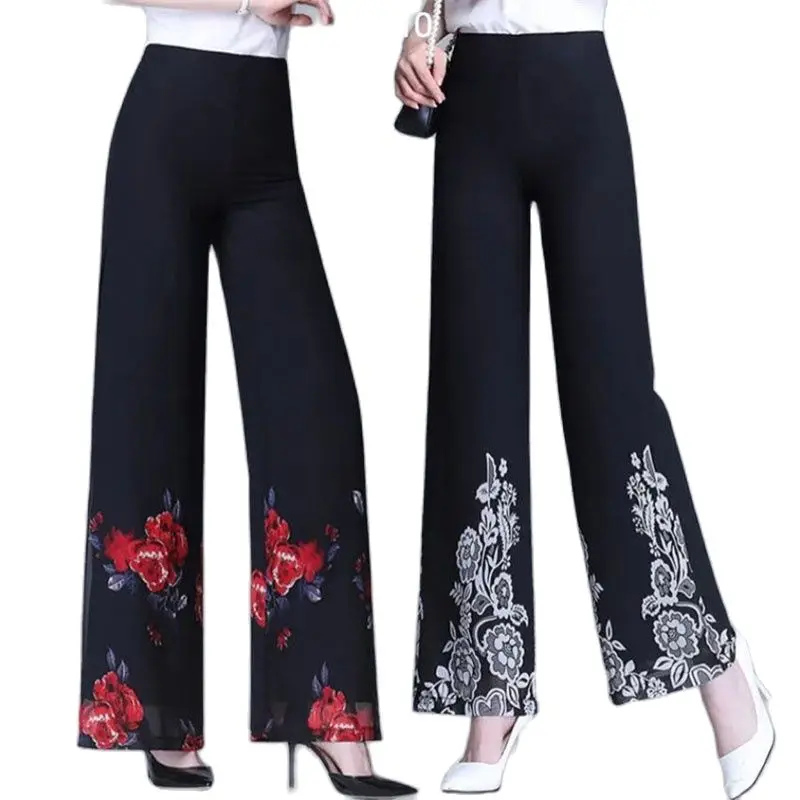 Double Printed Chiffon Wide-Leg Pants Middle-Aged Elderly Women Trousers 2023 New Summer Autumn Vertical Feeling    Casual Pants