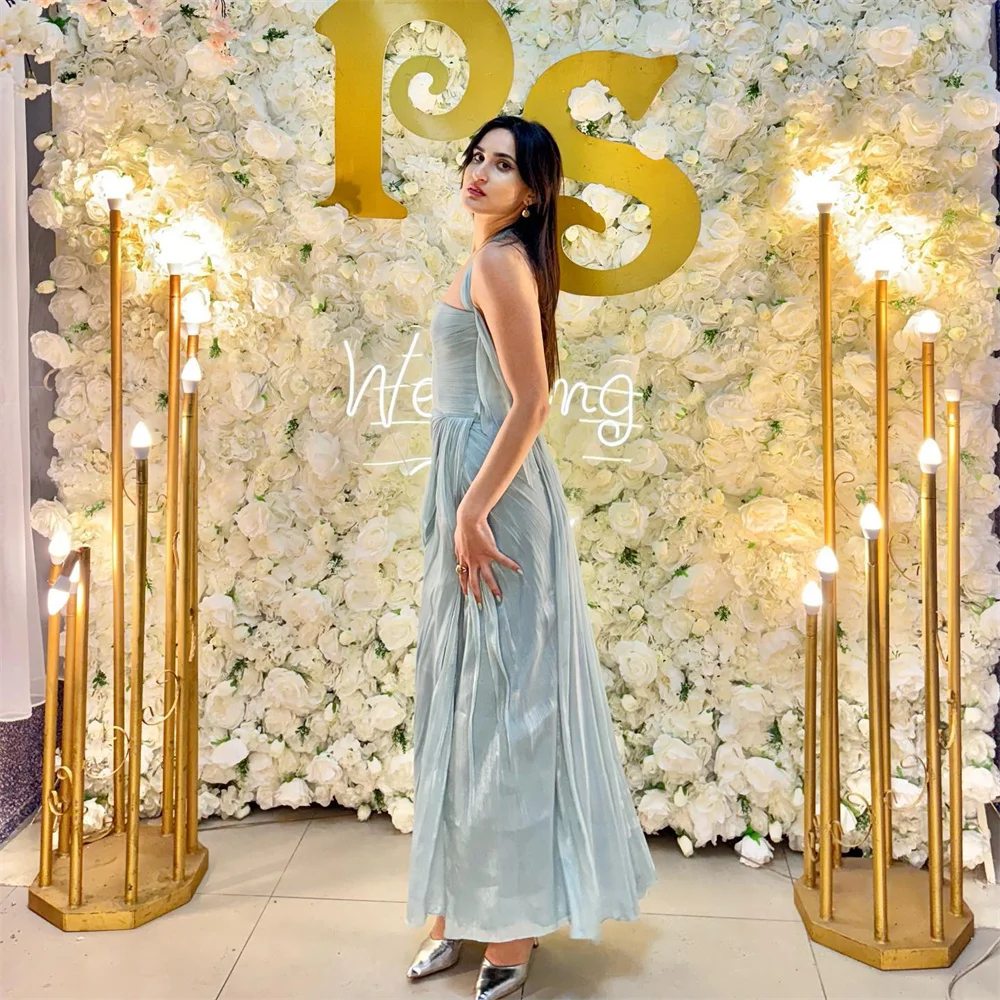 Sansa Customized Silver Prom Dresses Elegant Spaghetti Strap Multilayer Pleats Vestidos De Noche Ankle-Length Formal Evening