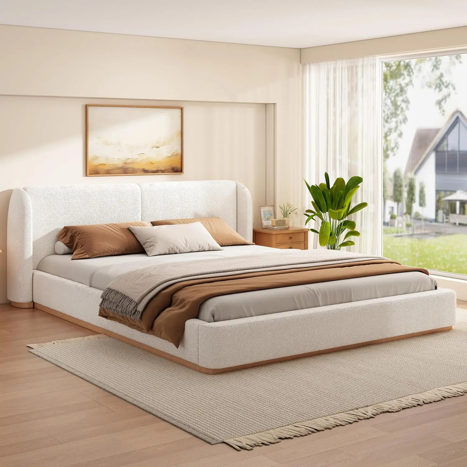 California King Size Upholstered Ground Bed Frame with Boucle Wingback Headboard, Modern White Fabric Platform Bed, Customized image 3