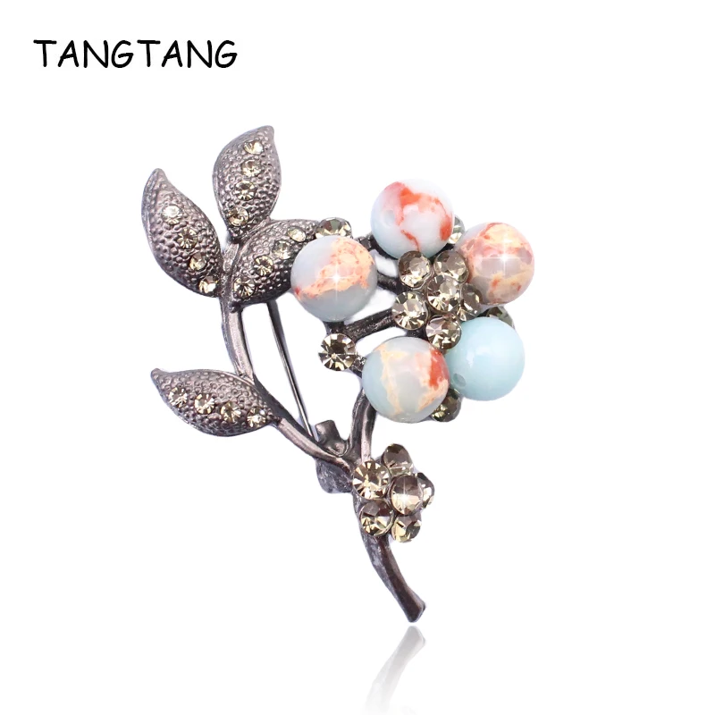 TANGTANG Antique Flower Brooch For Men And Women Nature Stone Tin Alloy Brooch Pin Accessories Unique Design Creative Pin Brooch