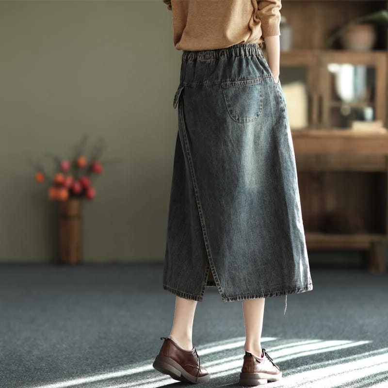 Autumn Women Plus Size Denim Female Vintage Long Maxi Skirts Cartoon Cat Embroidery High Waist Jeans Skirt