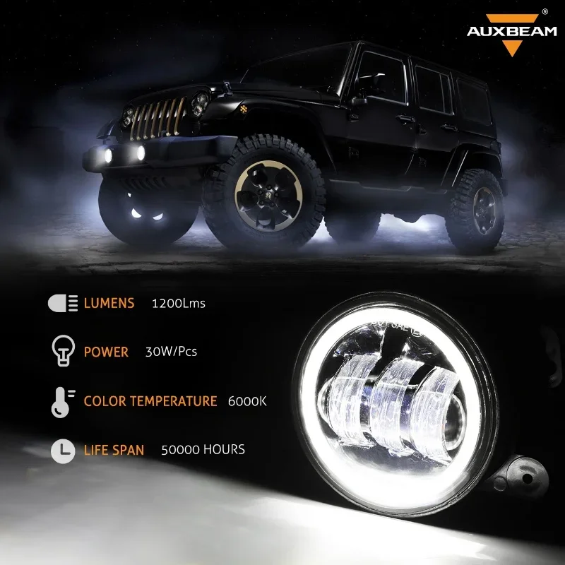 4 Inch LED Round Fog Lights Day Running Light + Turn Signal Light with Angle Eyes for Jeep Wrangler JK 2007-2018