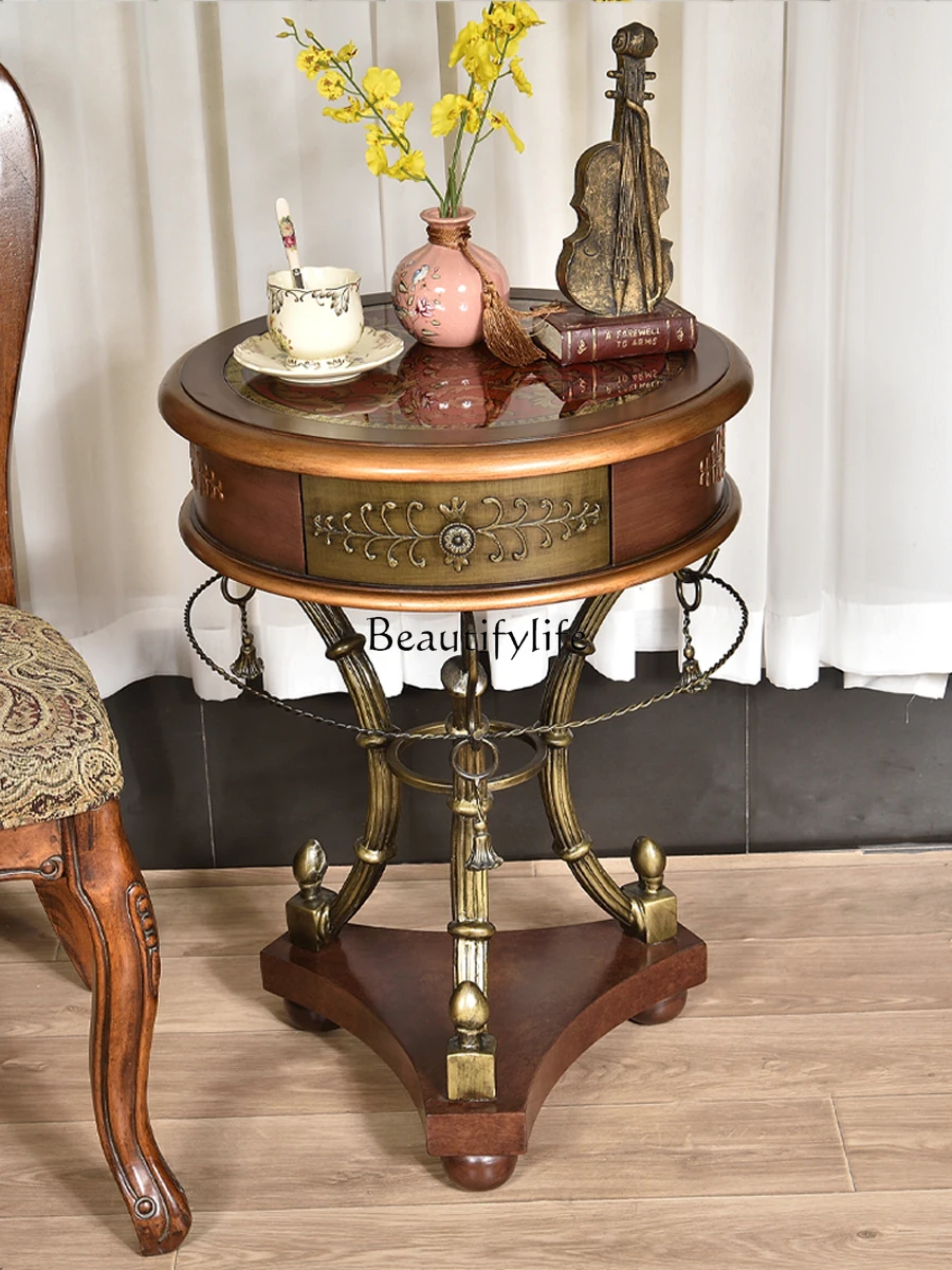 

American Country Corner Table Solid Wood round Vintage Distressed Painted Living Room Wrought Iron Glass Small Coffee Table