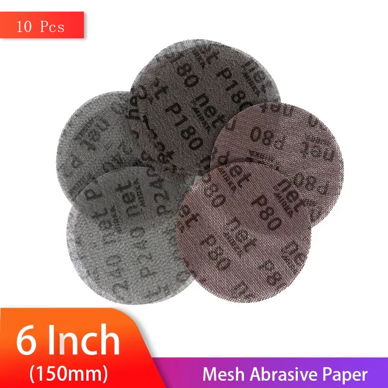 10 PZ 6 Pollici 150mm Maglia Senza Polvere Anti-blocco Gancio Loop Dischi Abrasivi Rotonda Carta Vetrata Abrasiva 80-800 Grana Auto Decorare carta