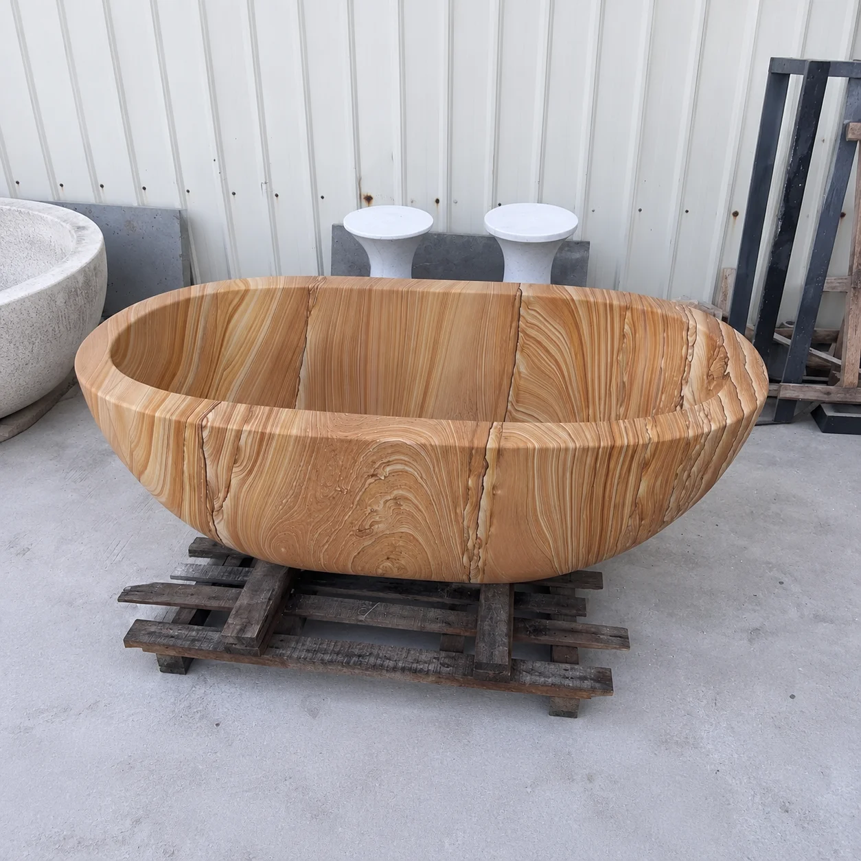#￥Wholesale China Bathtub Hand Carved Natural Yellow Wood Grain Sandstone Free Standing Vintage Bathtub Freestanding Soaking Tub