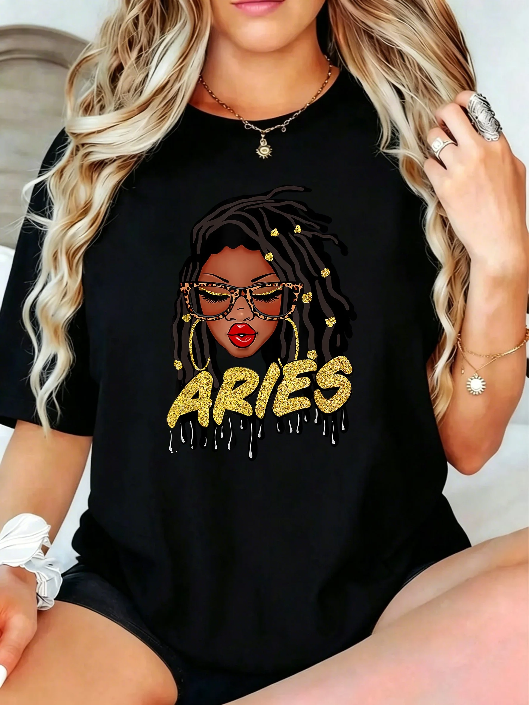 1Pcs Plus Size Women T-Shirt, Aries Woman with Dreads and Gold Glasses Shirt, Loose Type Shirt for Women