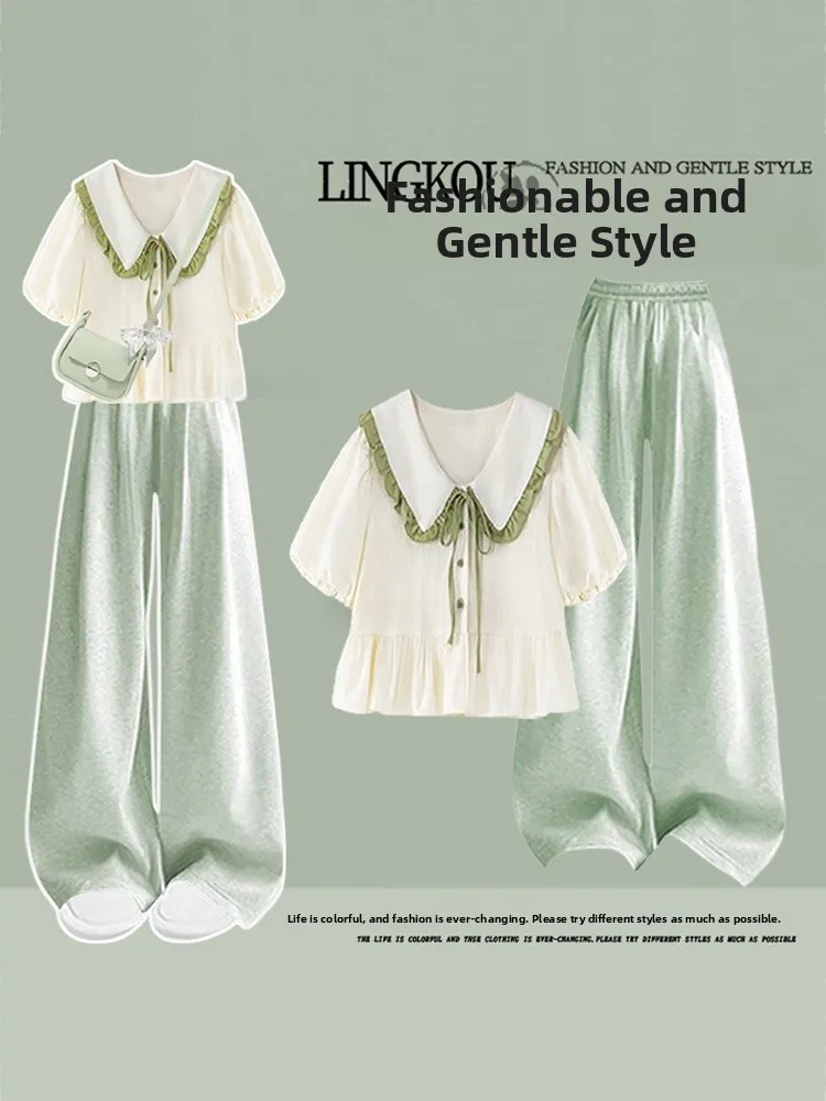

Fashionable Large Size Summer Outfit Women's New Style Salt And Sweet Doll Collar T-Shirt with Sporty Wide Leg Pants Two Piec...