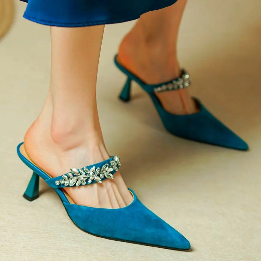 Rhinestone Mules Women Suede Leather Slipper Pointed Toe Slim Kitten Heel Sandals Wedding Evening Shoe Ankle Strap Slingback