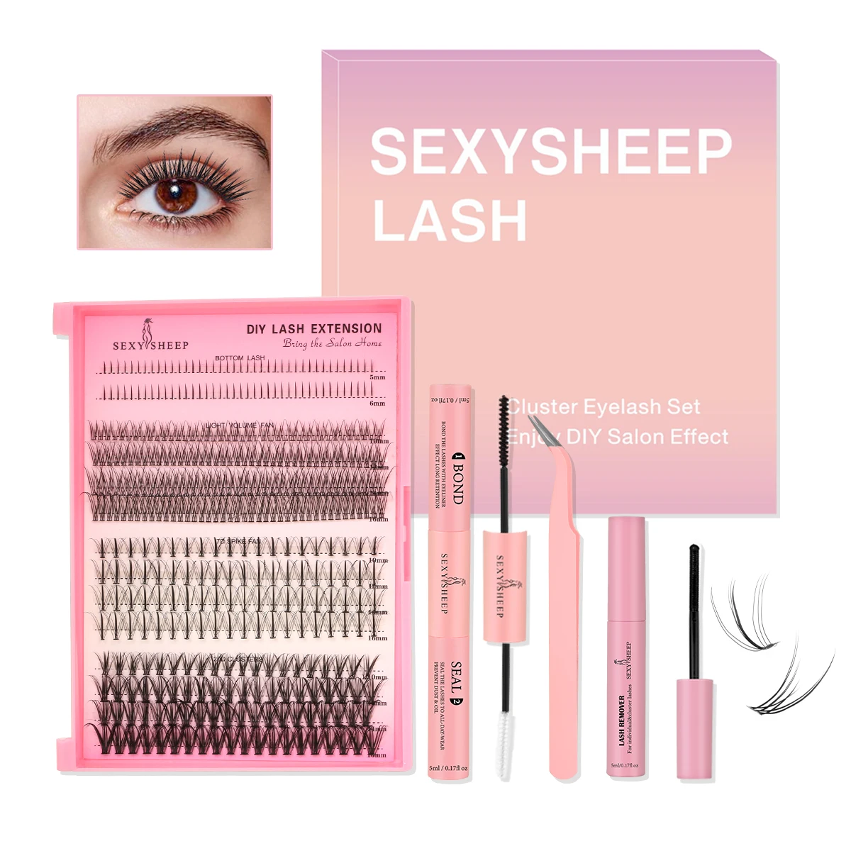 DIY Wimpernverlängerungsset, individuelles Wimpernverlängerungsset, Cluster-Wimpern-Set, Wimpernkleber-Entferner, Wimpernpinzette