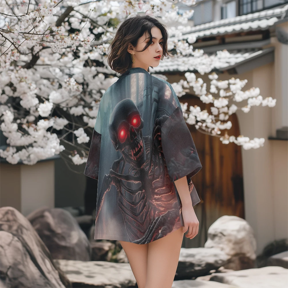 

Japanese Kimono Horror Skull Print Casual Fashion Kimono Loose Breathable Comfortable Unisex Fashion Japanese Kimono Neutral