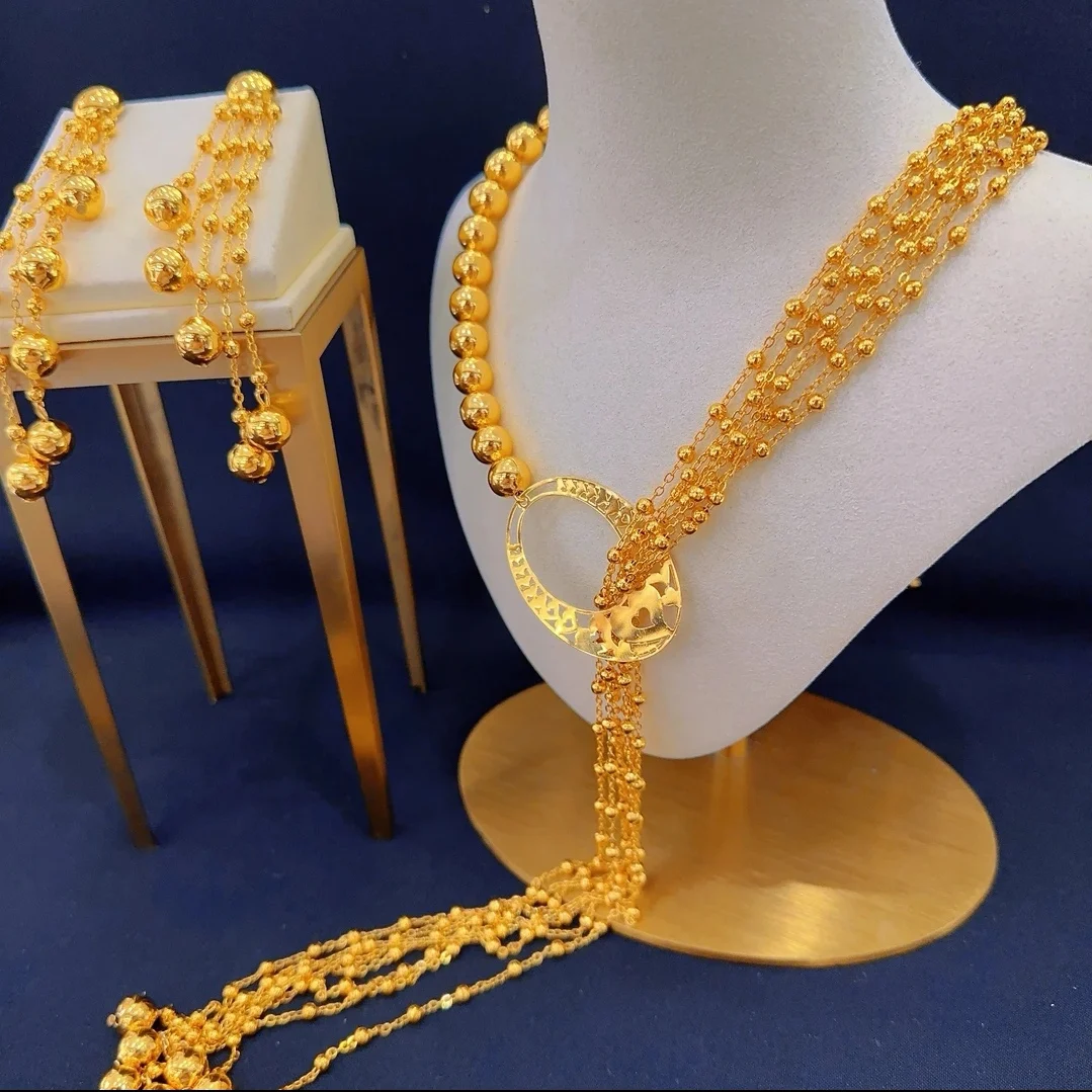 New Dubai Jewelry 24K Gold Plated Tassel Necklace Earrings Bridal Wedding Fashion Accessories Two Piece Set  YY10258