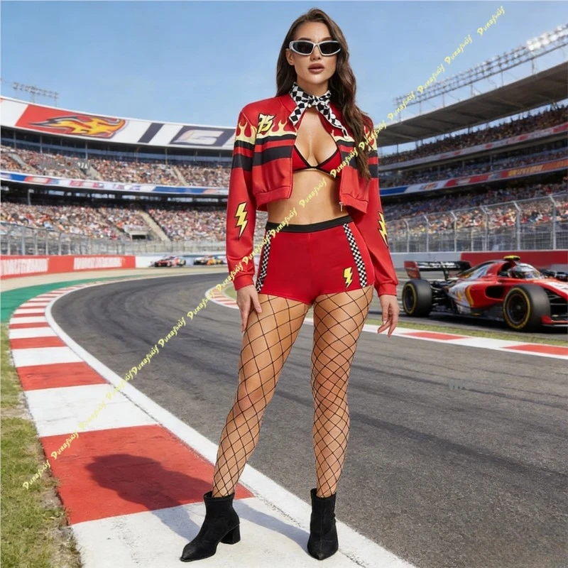 

Костюмы для косплея, сексуальный костюм для девочек, красный гоночный костюм черлидинга, женская одежда, горячая униформа, очаровательная вечеринка, Рождество, Хэллоуин