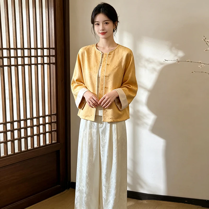 New Chinese Style Autumn Silk Embroidered round Neck Sleeveless Vintage Jacket Strap Wide Leg Pants Set Women's Fashion
