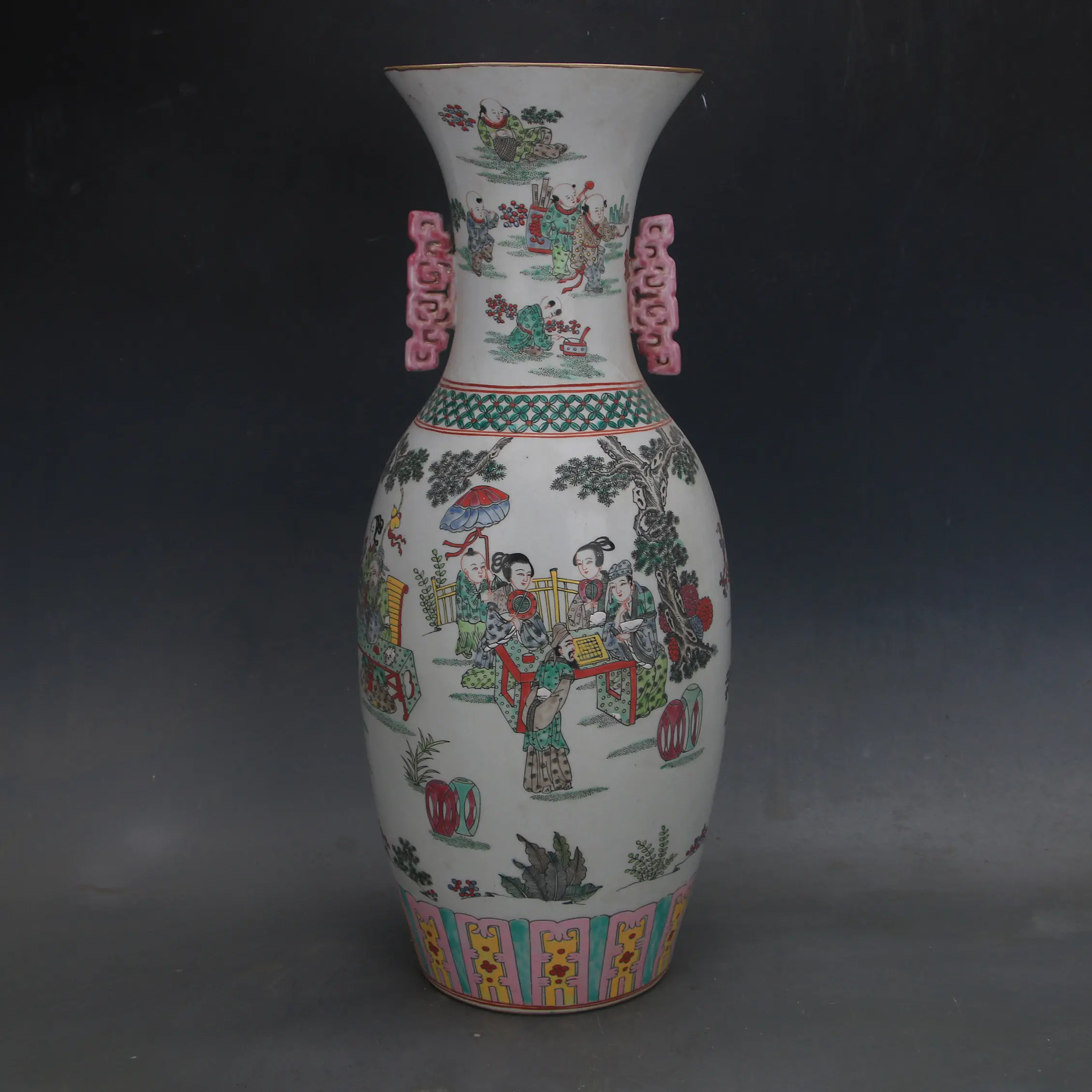 Famille Rose Porcelain Vase with Lady Figure Double Handles Kangxi Style Antique Replica Home Decor Ornament