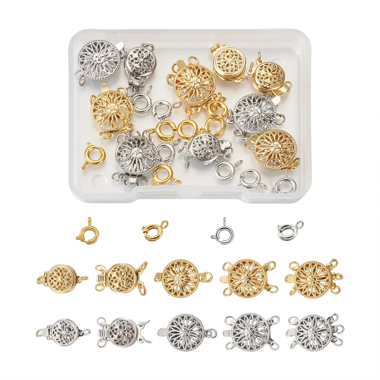 1 Box Sunflower Brass Box Clasps 2 Colors Flat Round Spring Ring Clasps DIY Necklace Bracelet Connect Jewelry Making Accessories