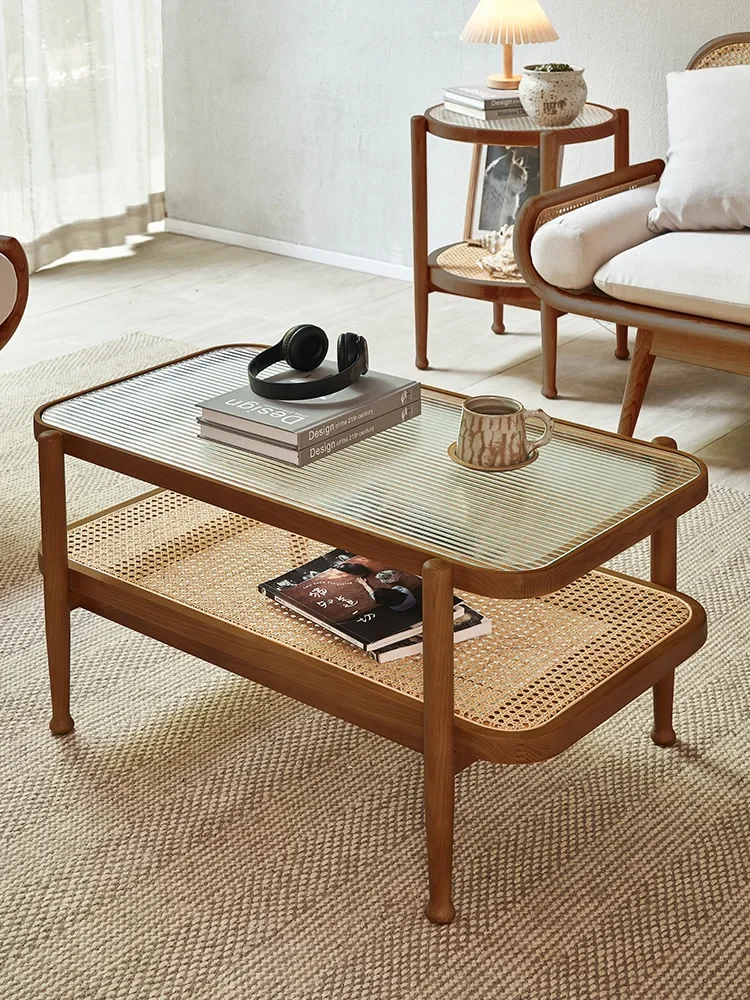 

# Чайный столик из ротанга из массива дерева, двухслойный чайный столик из белого воскового дерева, современная и простая домашняя гостиная, маленький стеклянный чайный столик