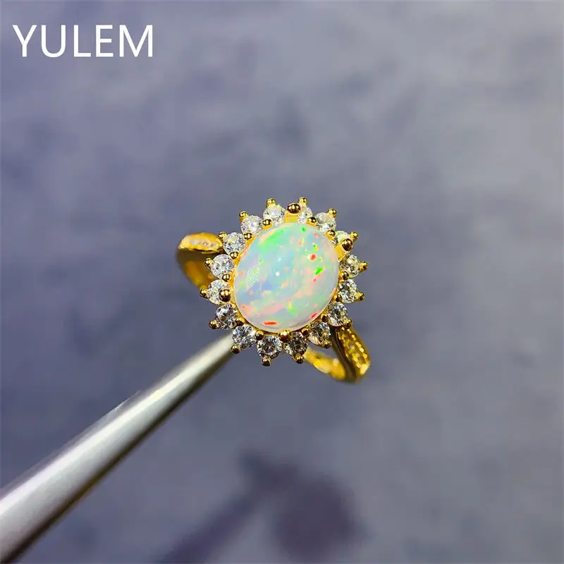 

925 Silver White Opal Ring 8mm*10mm Natural Opal 925 Silver Ring Antique Look Silver Gemstone Jewelry with 18K Gold Plating