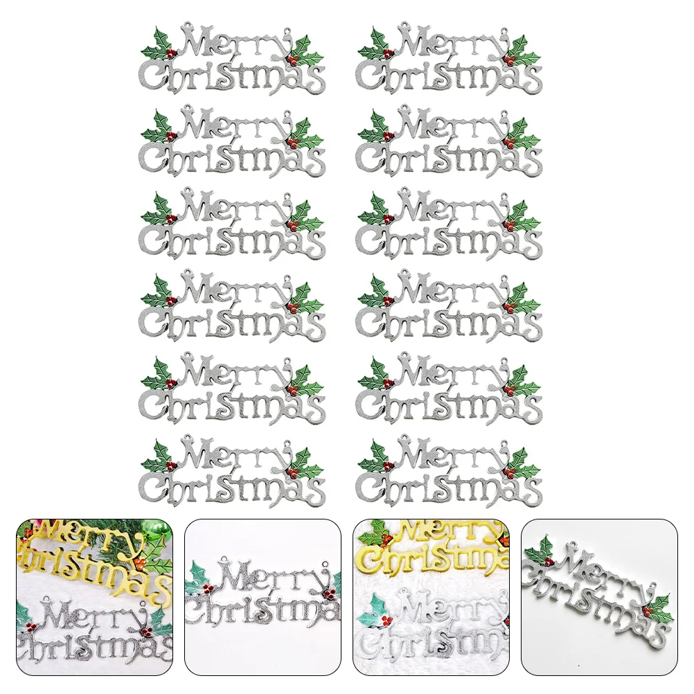 12 Pcs Merry Xmas Sign for Desk Christmas Letter Door Retro Decor Tags Pendant Silver Plastic