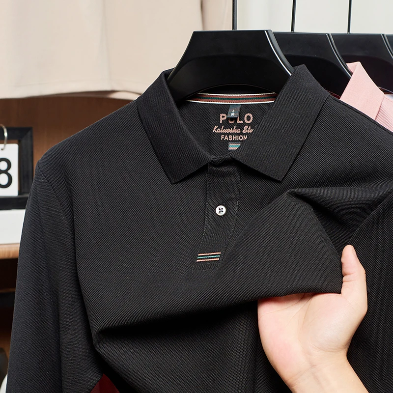 Quality Men's Long Sleeve Polo Shirt Lapel Solid T-shirt Autumn Breathable Comfortable Business Casual Classic Style Menswear