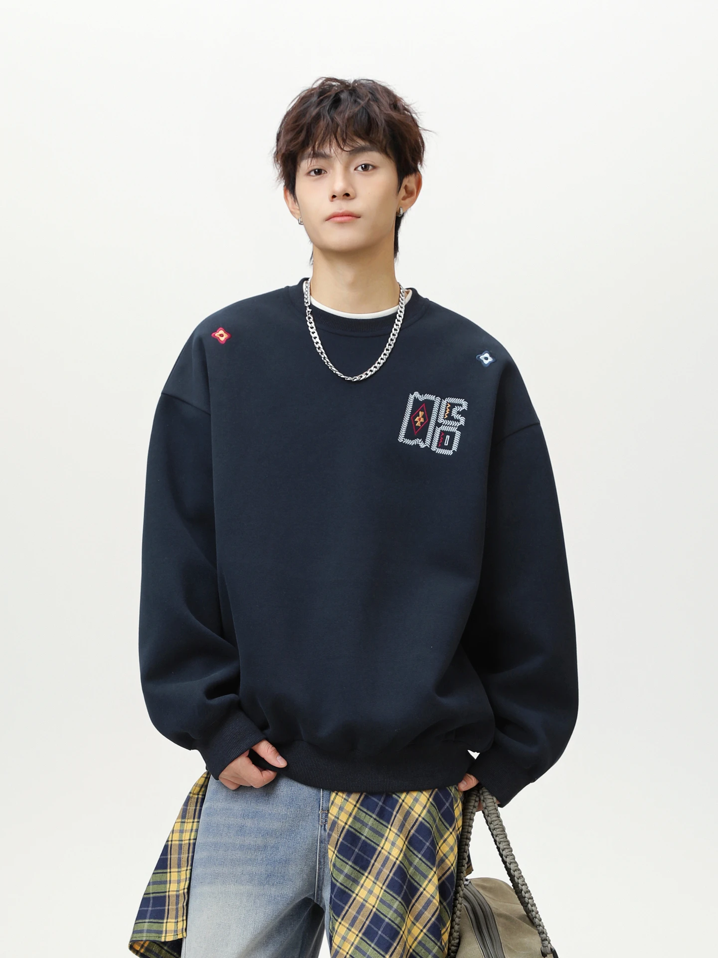 

Этнический стиль, геометрическая форма, вышитый свитер с круглым вырезом, мужской осенний брендовый свободный повседневный пуловер