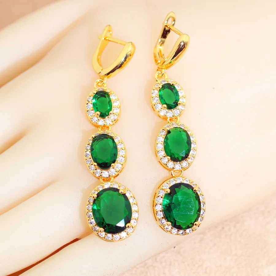 Bridal Jewelry Sets for Women Green Crystal 18K Gold Plated Earrings Necklace Pendant Ring Wedding Gift