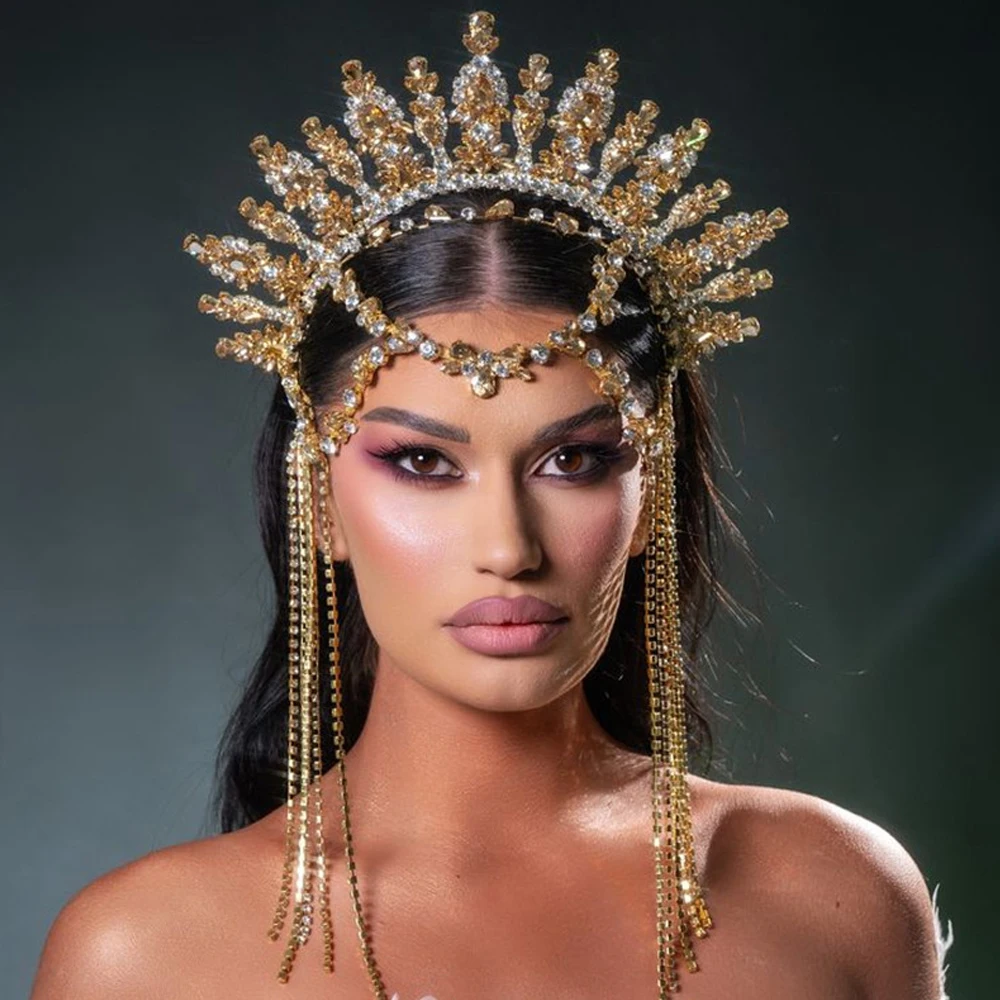 

Rave Geometric Rhinestone Crown Headband Princess Hair Accessories Fashion Drag Queen Exaggerated Headpiece Chain Prom for Women