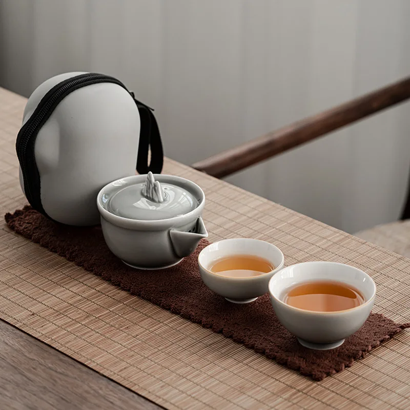 Ice Gray Glaze Iceberg Quick Cup Japanese Simple One Pot Two Cups Portable Travel Tea Set Porcelain Kung Fu Tea Set Chinese