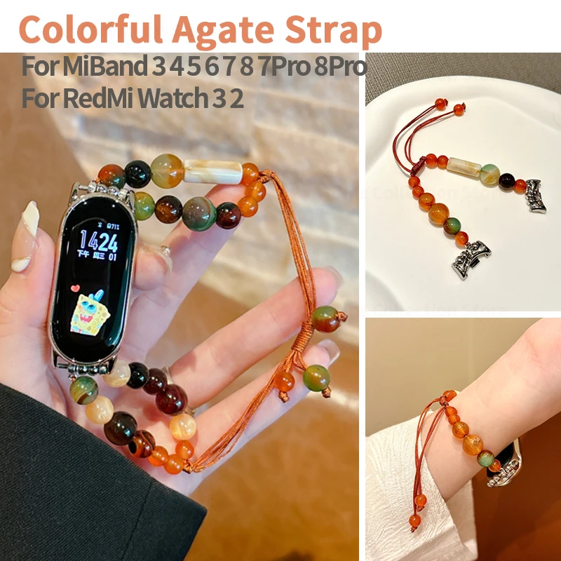 Colorful Agate Strap for Xiaomi Miband 7 8 Pro Women Bead Bracelet for Mi Band 6 5 4 3 8 Handmade Jewelry Belt for Redmi Watch 3