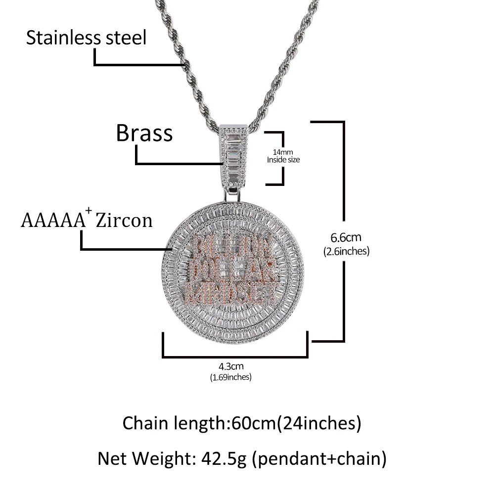 THE BLING KING Letters Billion Dollar Mindset Micro Pave 5A+ Cubic Zircon Round Pendant Necklace Two Tone Color Hip Hop Jewelry