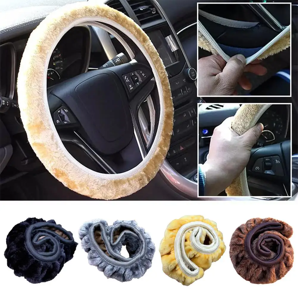 38cm Premium Soft Short Fur Car Steering Wheel Cover High-density Warm Plush Winter Steering Wheel Protector Cover Accessories ﻿