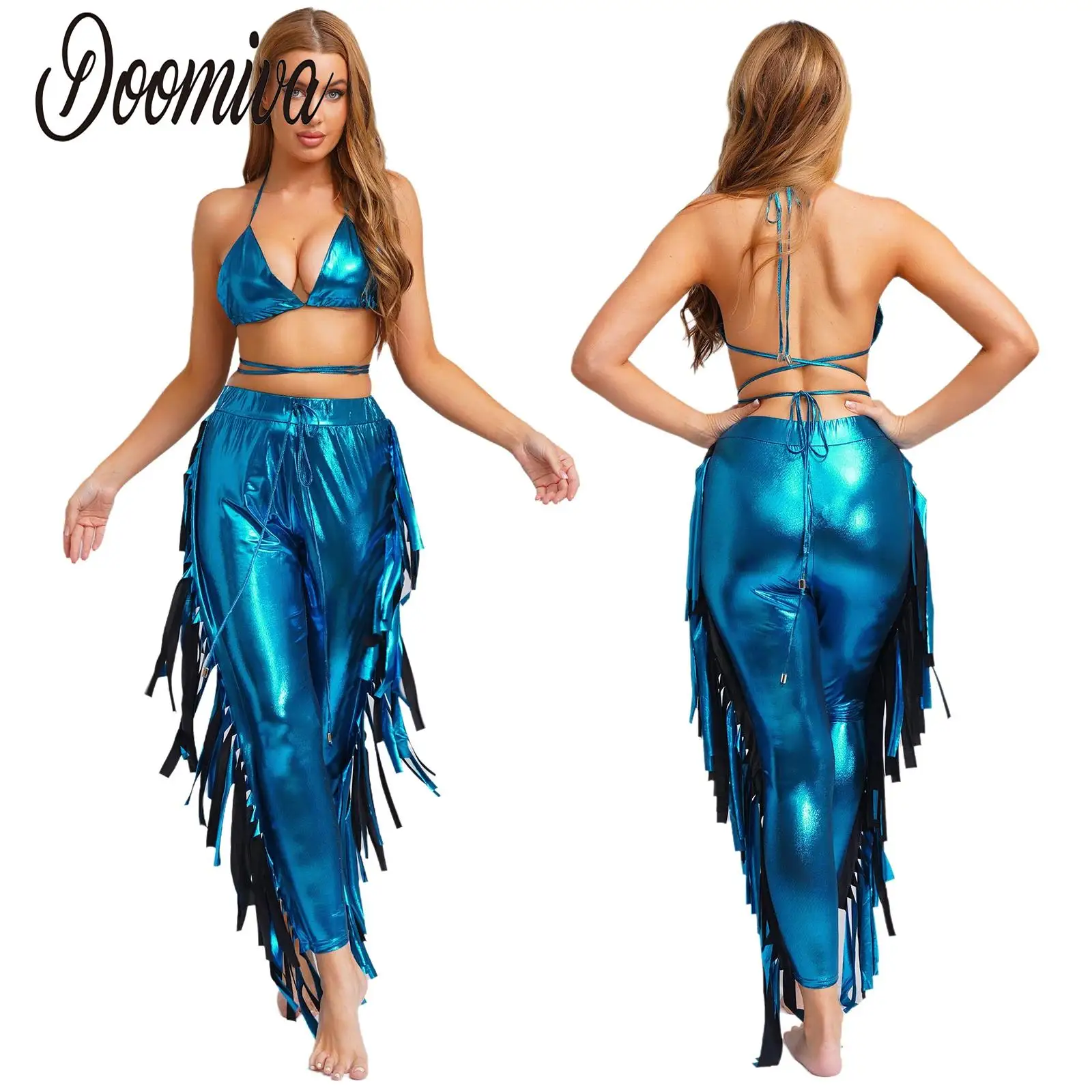 

Women Metallic Shiny Dance Outfits Hippy Jazz Dance Costume Party Cosplay Clubwear Lace-up Bra Top and Fringe Jogger Pants Suit