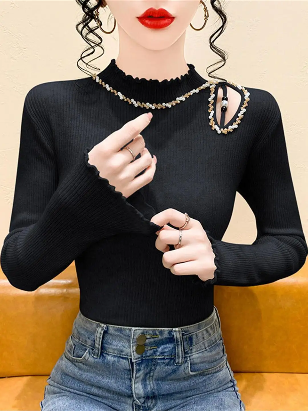 Bla-capa Base de punto irt para mujer, Otoño Invierno, cuentas huecas, embellecedoras, Top largo, ropa interior, diseño Faion